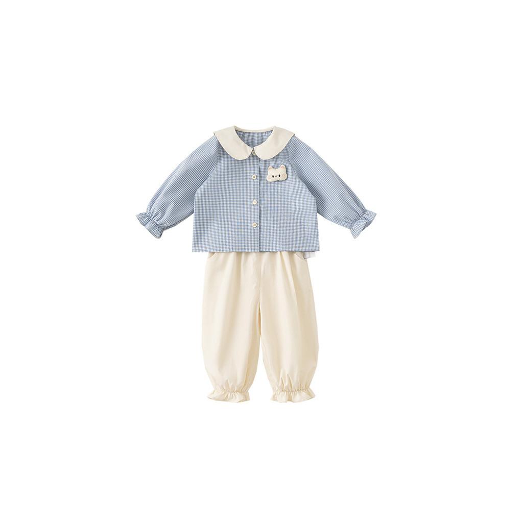 Toddler Girl Grid Pattern Cotton Twopiece Outfit With Button Closure BlueWhite Check,73CM