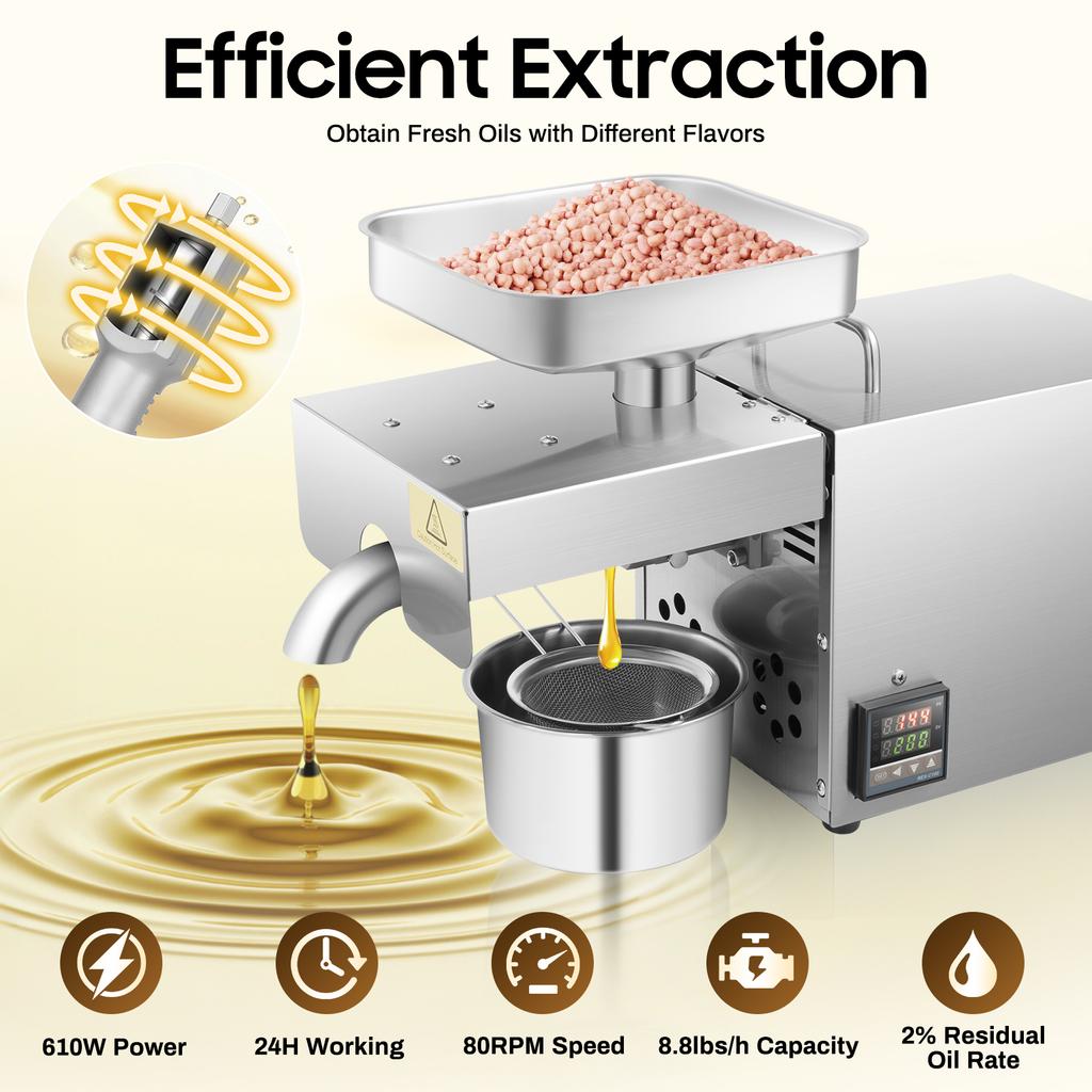 Home Oil Press Machine 610W Automatic Hot/Cold Press 304 Stainless Steel for Peanut Sesame Almond Oil Maker 110V 8.8lbs/h