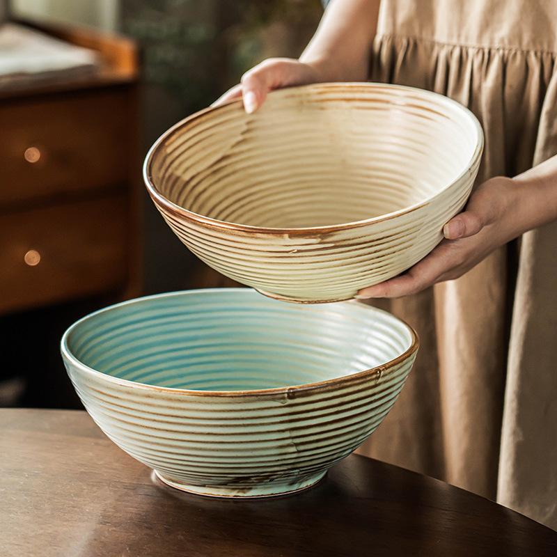 Gradual Change Large Bowl Coarse Pottery Soup Bowl Household Retro Ceramic Bowl Old Ring Pattern Tableware Vegetable Bowl Round Fruit Bowl