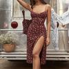 2025 Spring European and American Women's Sexy Print Lace-Up Slit Spaghetti Strap Dress