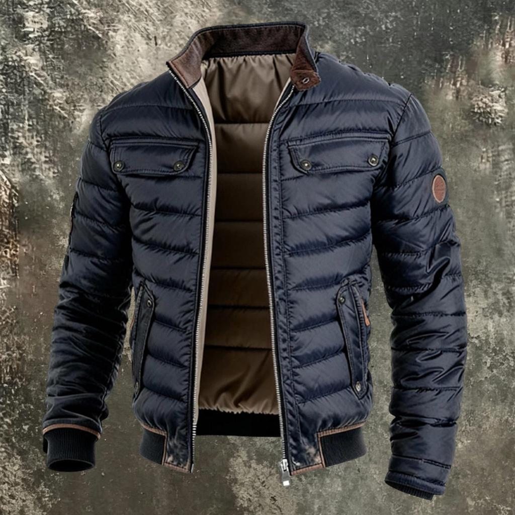 Men's Vintage Quilted Leather Jacket Color Zip-Up Winter Outdoor Coat with Patchwork Design