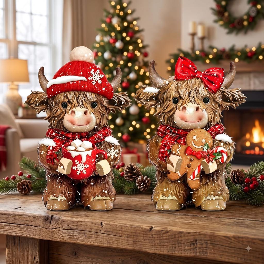 Set of 2 Christmas Cow Wood Carved Figurine Ornaments with Santa Hat, Holiday Cow Decor for Mantel Shelf