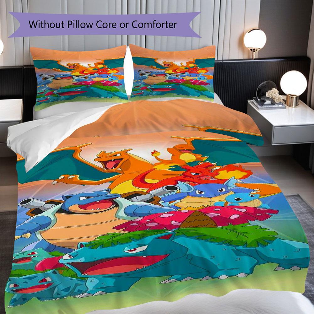 3pcs Pokémon-print bedding set includes a duvet cover and a pair of pillowcases (filling not included), perfect for bedroom use. 135x200cm