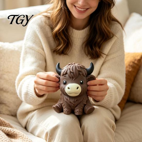 Relaxing Hand Therapy Toys Highland Cow Stress Relief Toy, Squeezable Cattle Sensory Soft Shape Toy Ball Fidget for Office Home and Classroom Anxiety