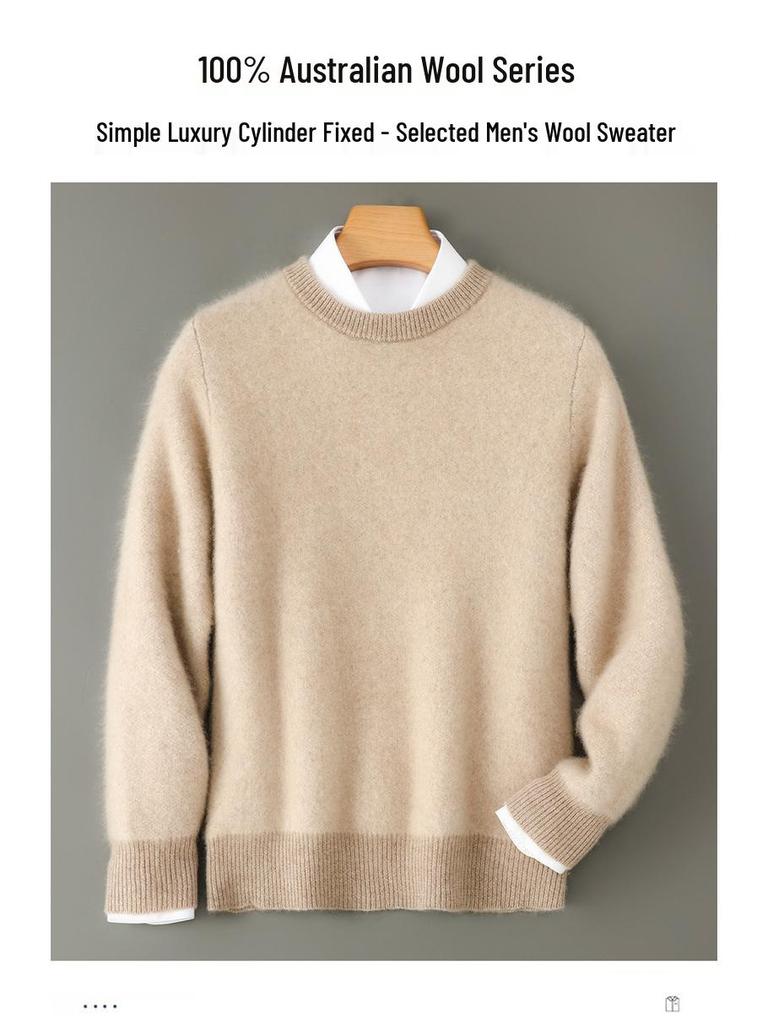 Men's Thickened 100% Pure Wool Color Block Round Neck Sweater - Casual Loose Jacquard Knit Cashmere Top