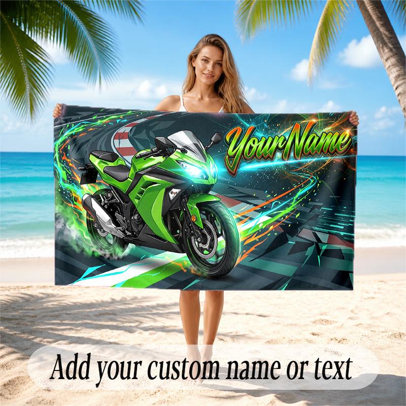 Motorcycle Biker Theme Quick Dry Beach Towel Custom Name Text Print Large Sand Resistant Towel Beach Vacation