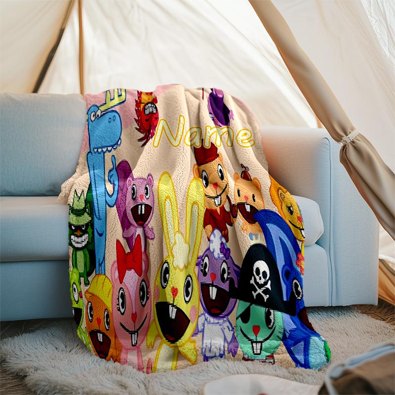 Personalisierte Decke mit individuellem Namen - Happy Tree Friends Druckdesign, Decke für Sofa, Bett, Reisen, Camping - Weich und Warm, Tolles Geschenk
