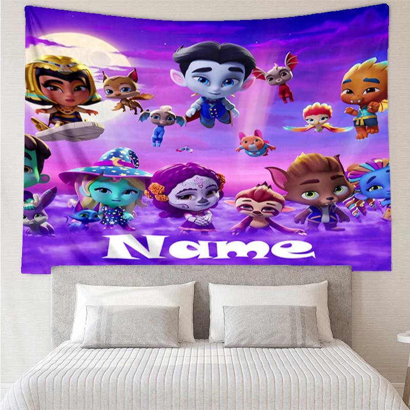 Custom Name Super Monsters Print Tapestry, Backdrop, Easy Setup, Ideal for Bedroom, Office & Living Room, with Aesthetic Wall Hanging Decor.