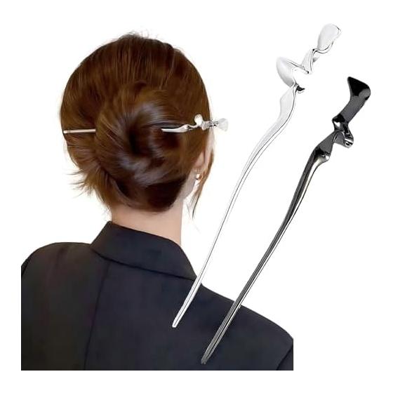 Set of 2 Simple Hair Sticks (Gunmetal + Silver) - Elegant Metallic & Silver Tones, Approx. 17cm, High-Quality Alloy, Fade & Tarnish Resistant, Secure