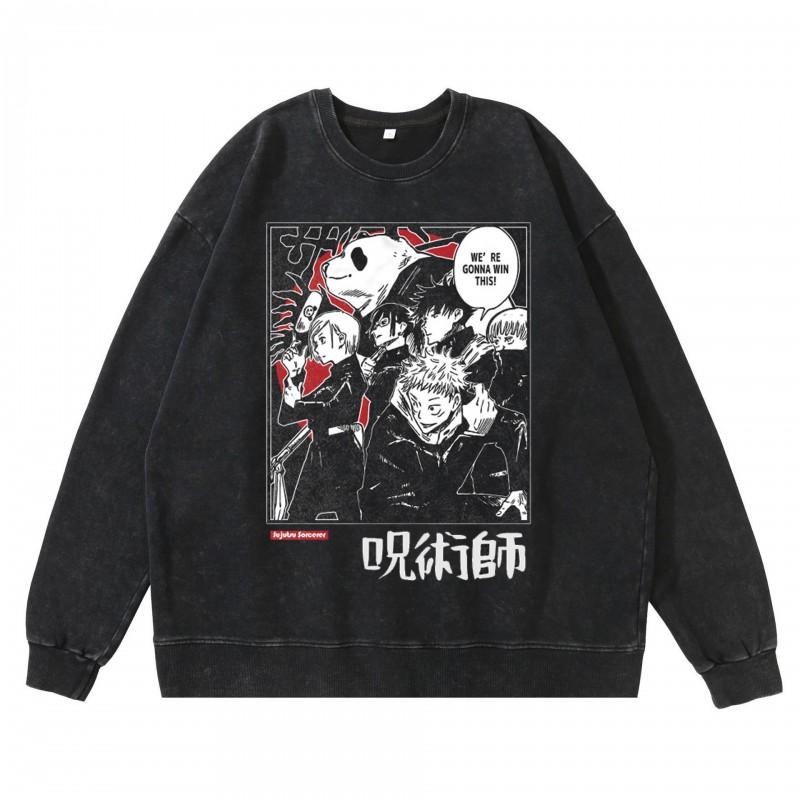 Vintage Washed Dark Anime Print Streetwear Hoodie Men - Retro Urban Sweatshirt With Cotton Lining
