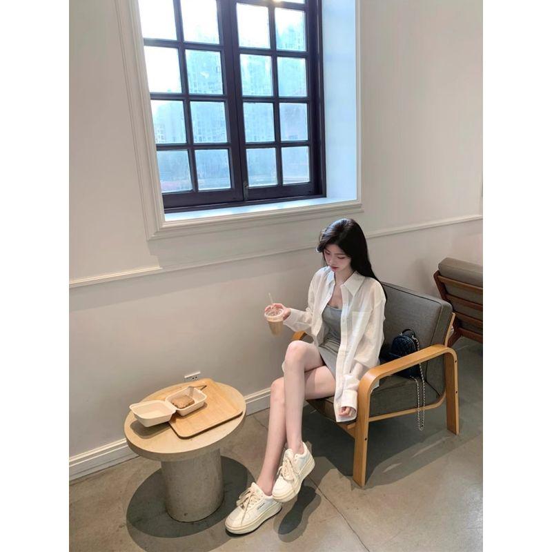 Kumikum Idle Style Thin Shirt Coat Women's Summer Silm Sling Dress Inner Skirt Two-piece Set