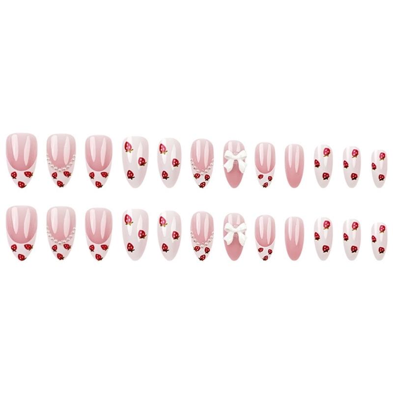 24pcs Short Almond False Nail Acrylic Artificial Nail Full Cover Stick On Nail with 3D Bows and Strawberry Designs