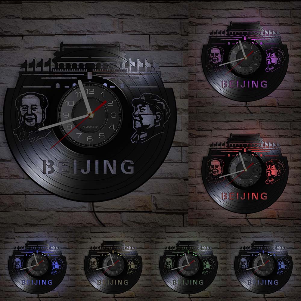 Beijing Skyline Wall Art Vinyl Record Wall Clock Chairman Mao Portrait Vintage Wall Clock China Beijing City Traveling Gift