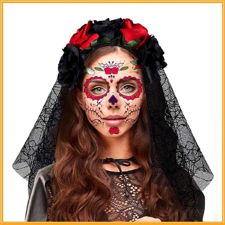 3 Stück Día de los Muertos Kostüm Zuckerschädel Kostüm Blumen Stirnbänder Rosen Temporäre Tätowierte Gesicht Aufkleber für Frauen