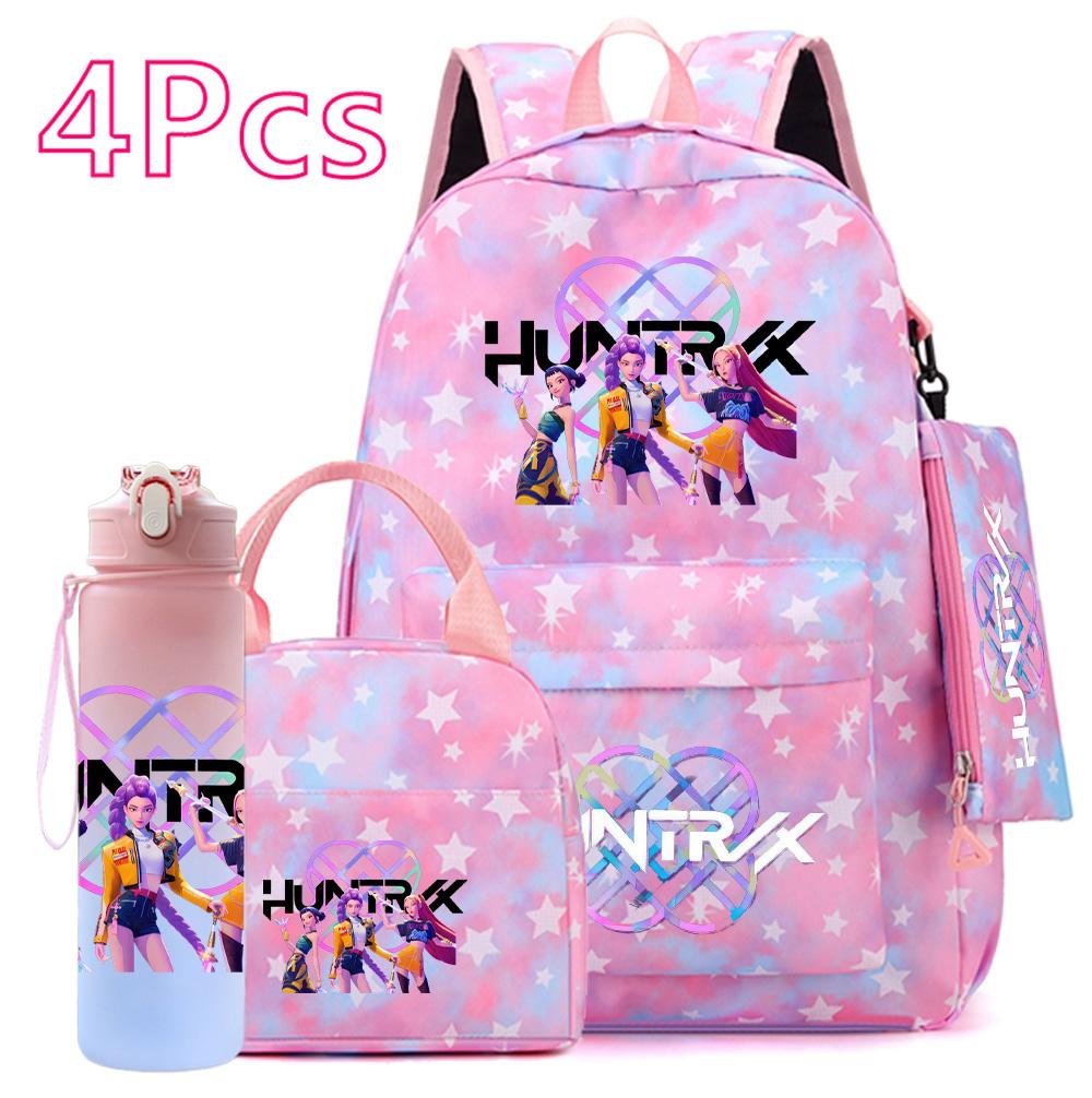 4-teiliges/Set K-POP Bedruckter Rucksack Große Kapazität Schultasche Handtasche Etui Tasche mit 750 ml Wasserflasche Junge Mädchen Schultasche wasserdicht Reisetasche Mochila
