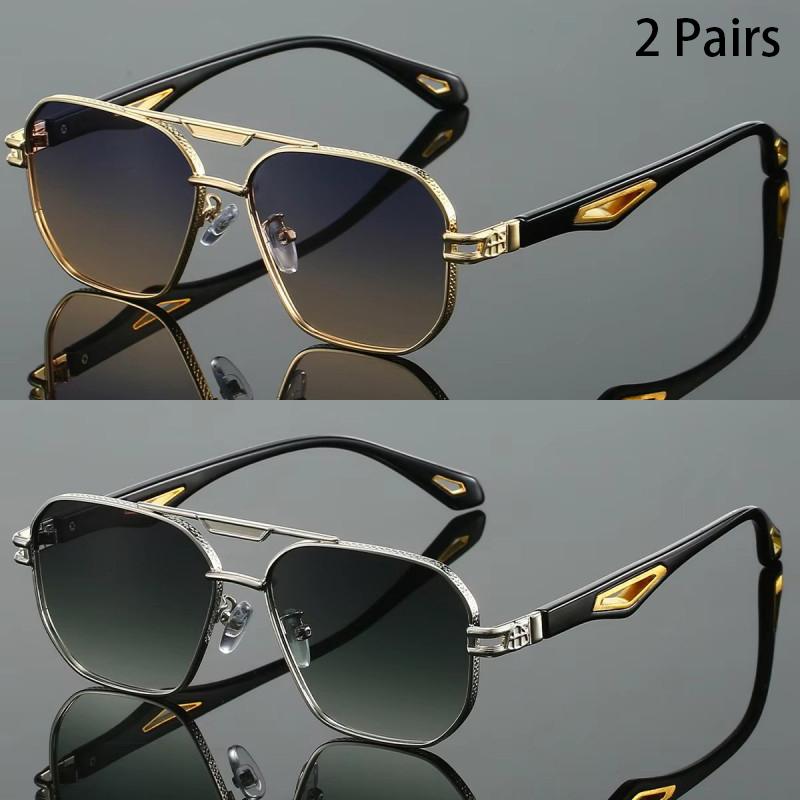 2 Pairs Vintage Square Sunglasses Men Gradient Multi-color Casual Shades Women Trendy Double Bridge Luxury Design Sun Glasses