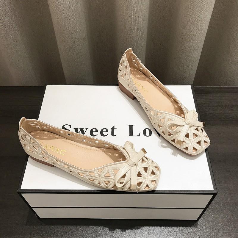 Fashion Hot Sale Women's Flat Shoes Hollow Bow Knot Womens Casual Shoes Mesh Breathable Loafers Shallow Square Toe Women Shoes Zapatos