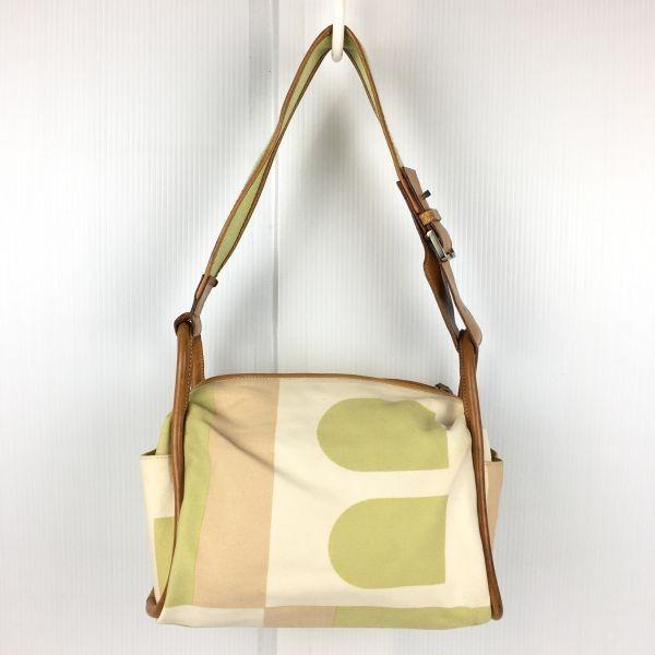 Bally Canvas and Leather Shoulder Bag Beige Lime Green Women(USED)