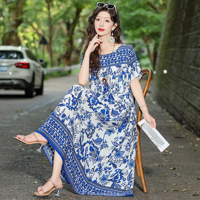 New Bohemian ethnic style short-sleeved summer cotton and silk dress loose fashion large size artificial cotton long skirt