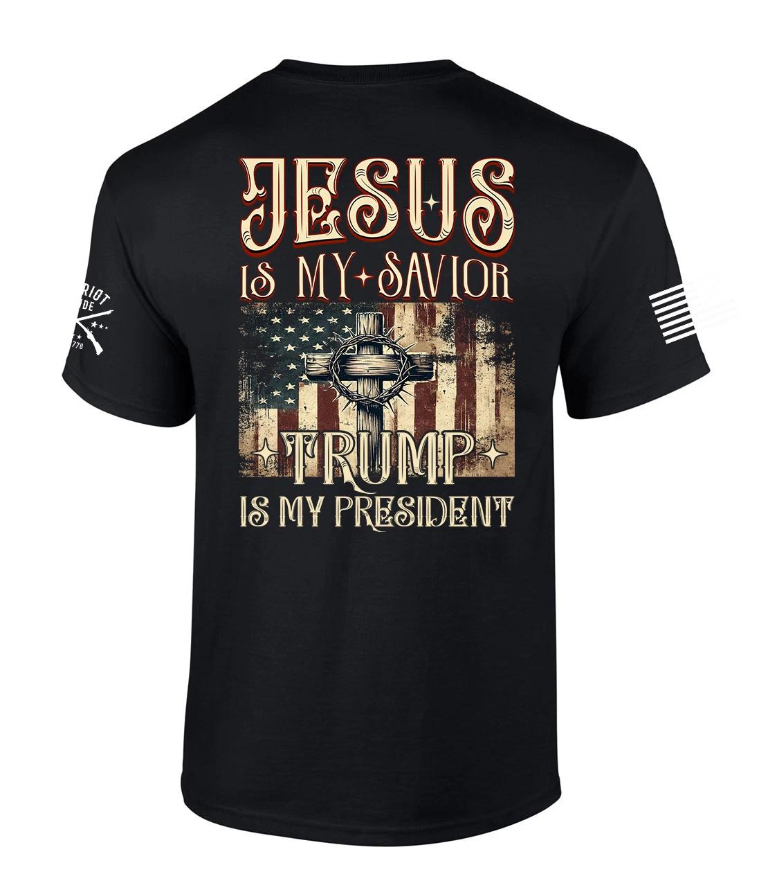 

Patriot Pride Mens Trump Is My President Jesus Is My Savior Flag Short Sleeve 2XL