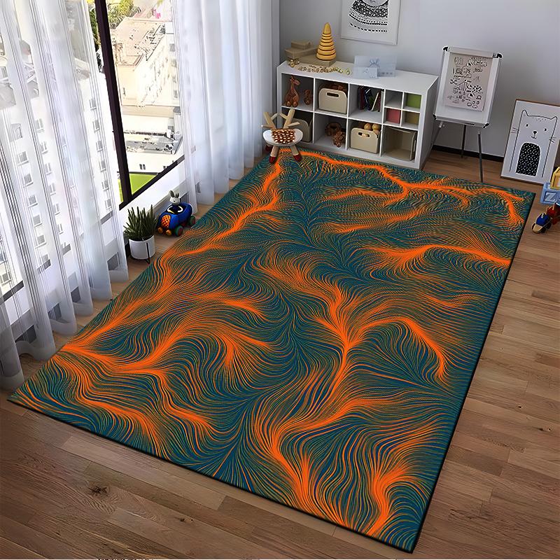 Modern Abstract Lines Area Rug Orange and Blue Wavy Pattern Carpet Suitable for use as an anti-slip for living room bedroom sofas