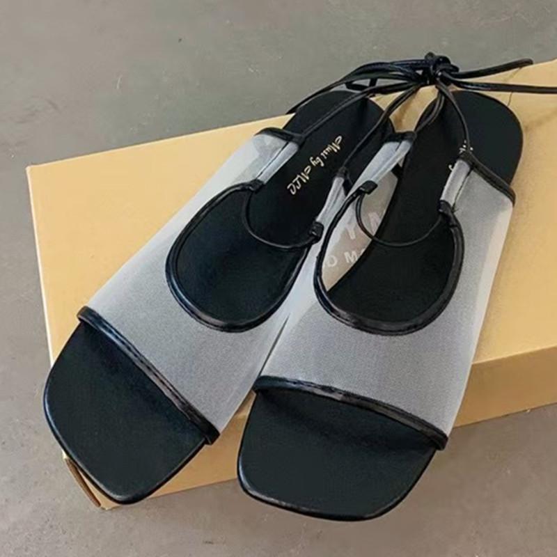 

Fashion Retro Square Toe Lace Up Flat Sandals Women Summer Fashion Open Toe Mesh Breathable Slippers Comfortable Elegant Woman Moccasins 39 чёрный