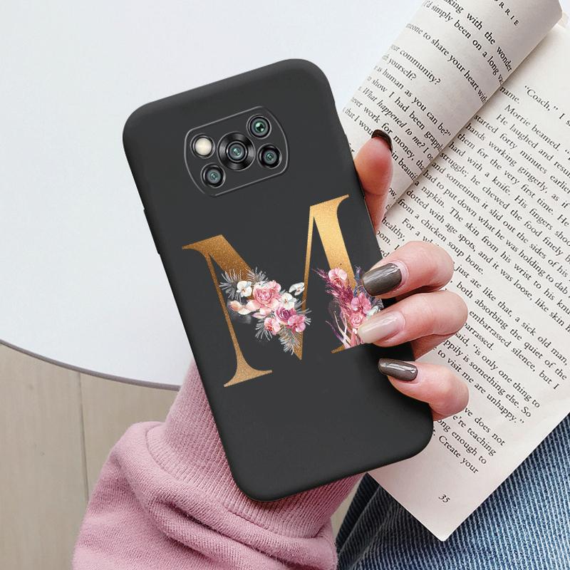 Letter Case For Poco X3 NFC PocoX3 Pro Back Cover Retro Flowers Pink Black Soft TPU Initial Fundas For Xiaomi Poco X 3 Pro Coque