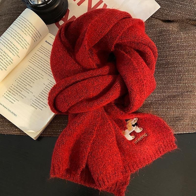Korean Style Cute Puppy Embroidered Scarf for Women Winter Fashion Wool Blended Shawl Thickened Warm and Cold Proof Knitted Scarf