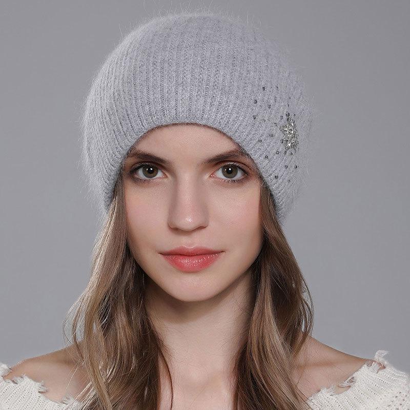

Женская зимняя ангорская кроличья шерсть, вязаная теплая шерстяная универсальная шапка со стразами OneSize серый