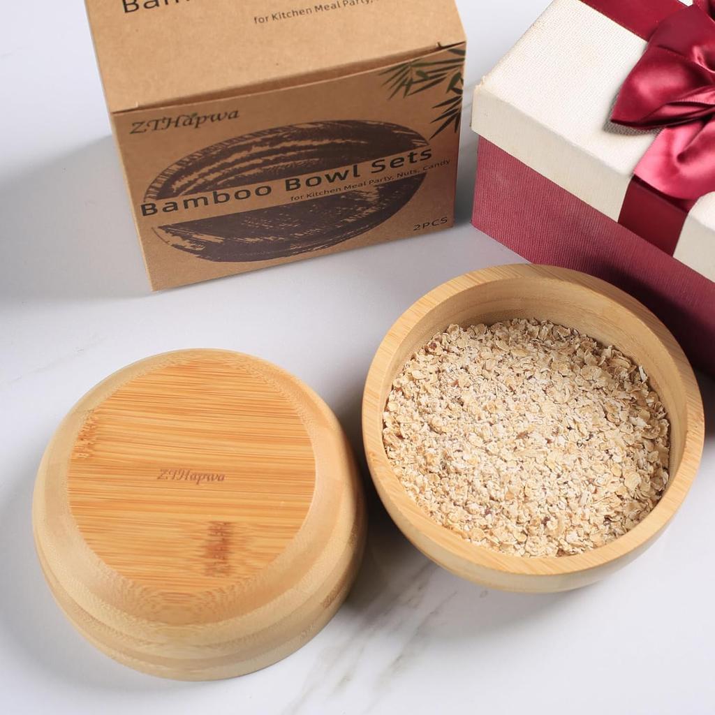 Soup Bowls Set of 2 for Dessert/Cereal/Pasta/Fruit | Natural Bamboo Serving Bowls for Nuts/Candy/Snacks/Pistachio | Charcuterie Accessories for