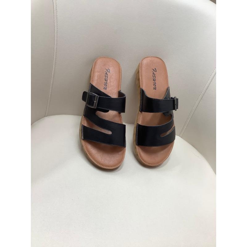 

New sandals summer wear cowhide leather sandals versatile real cork slippers women 35 чёрный