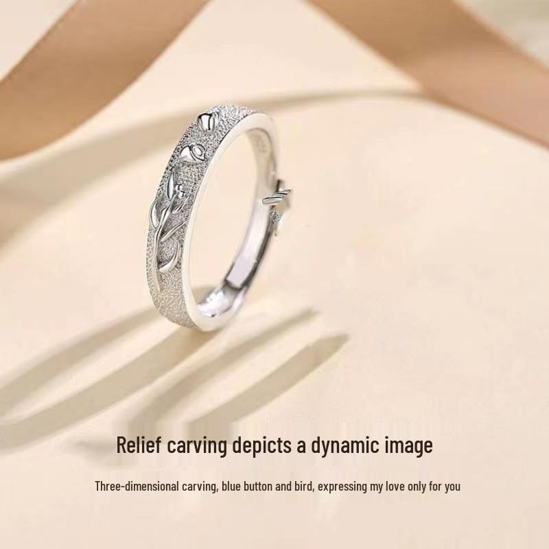 New Blue Eucalyptus & Bird Couple Rings for Women & Men: Niche Design, Light Luxury Wedding Bands, Perfect Christmas Gift