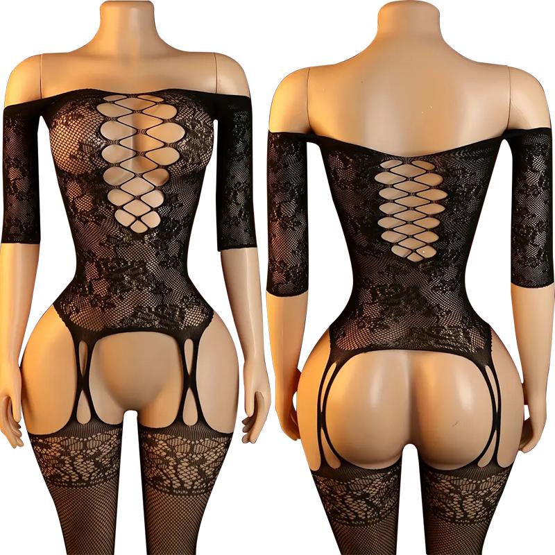 Plus Size Babydolls Clothes Sexy Fishnet Hollow Bodystockings Erotic Crotchless Lingerie Women Mesh See Through Baby Dolls Dress