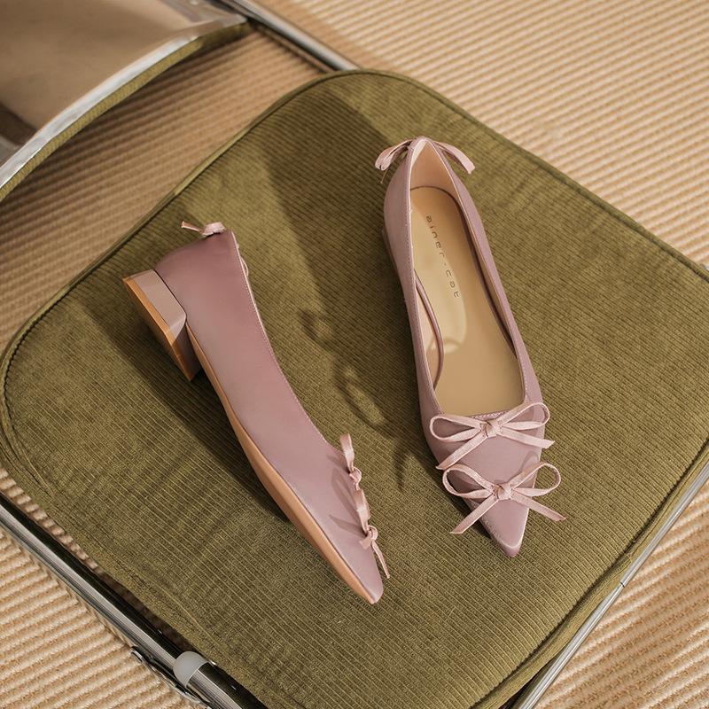 29815 [sheepskin] Flat Shoes Women's Thick Heel 2025 New Pointed Bow Low Heel Ballet Style Shoes