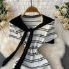 Sommer Damen Casual Kurzarm Gestreifter Strickpullover Mini Etuikleider mit Schal