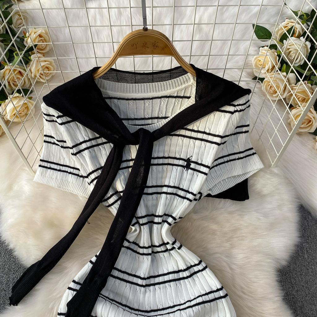 Sommer Damen Casual Kurzarm Gestreifter Strickpullover Mini Etuikleider mit Schal