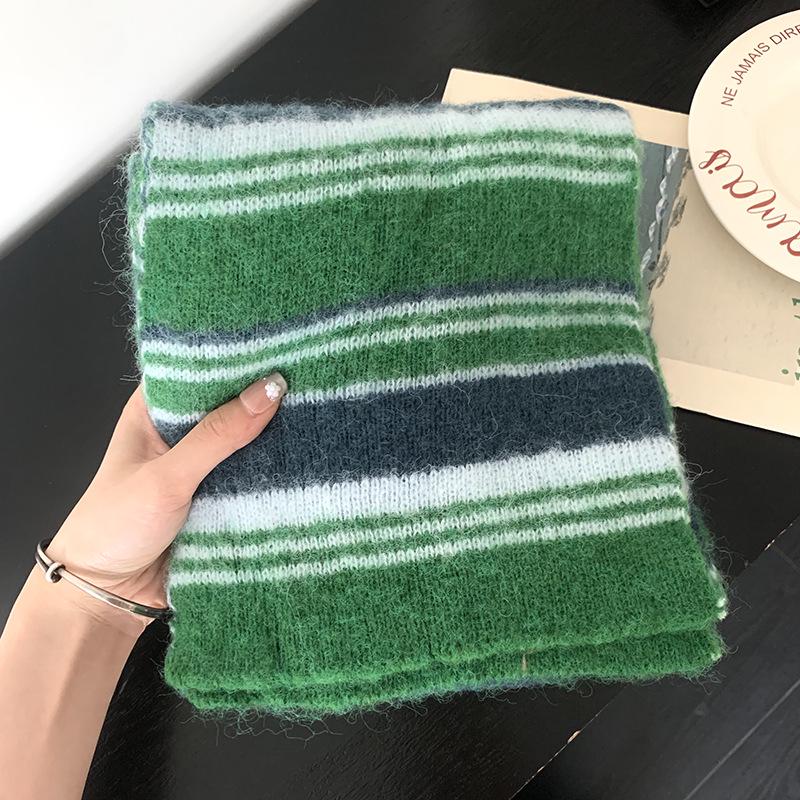 Falling Pool Women's Retro Striped Knit Scarf - Fluffy, High-End, Soft Neck Warmer for Autumn/Winter