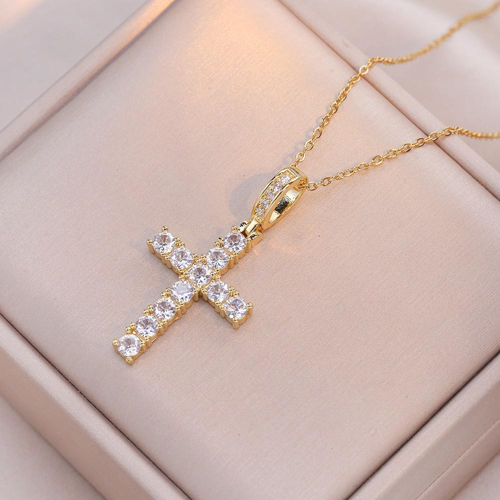 Damen Bunte Zirkon Kreuz Halskette - Nischendesign mit Voll-Diamant-Anhänger an Edelstahlkette