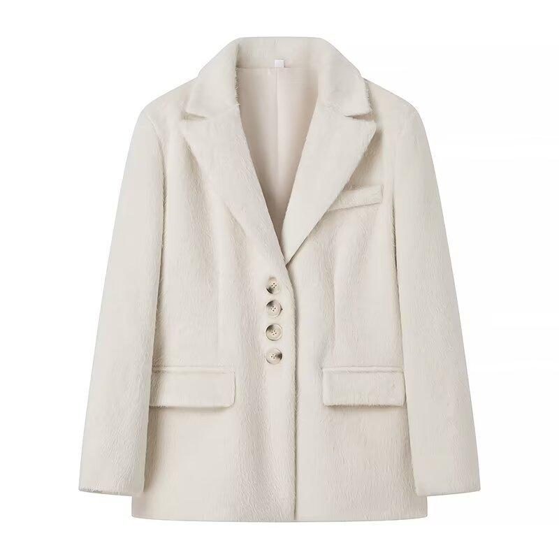 Fashion Pink Lapel Long Sleeves Women Blazer Jacket Warm Thick Single Breasted Loose Outwear Office Lady Commute Streetwear