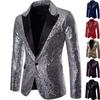 Lapel Long Sleeve Flap Pockets Single Button Men Blazer Event Host Shiny