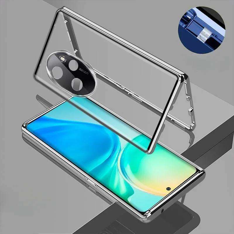 

Магнитный чехол для Huawei Honor 400 Pro/ 200 Pro/ 300 / 90 с металлической рамкой, двусторонним закаленным стеклом, полной защитой объектива, бамперами для телефона for Honor 300 серебряный
