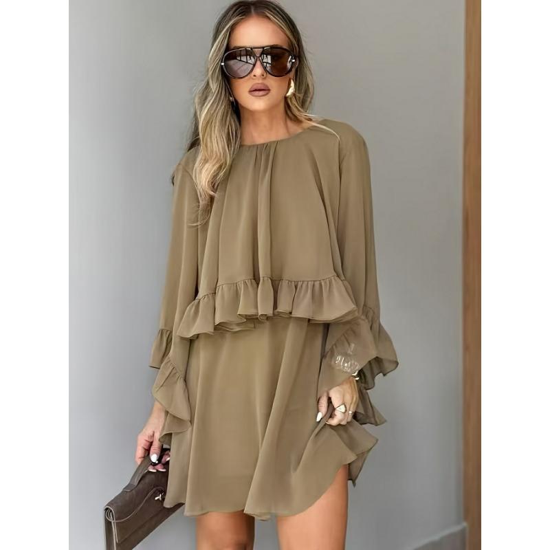 Womens Loose Ruffled Long Sleeve A Line Dress Casual
