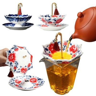 Schirmförmiger Keramik-Tee-Infuser mit drehbarem, chinesisch-blau-weißem Keramiksieb für losen Tee, Kung Fu Tee-Filter, Elegantes Geschenk für Tee