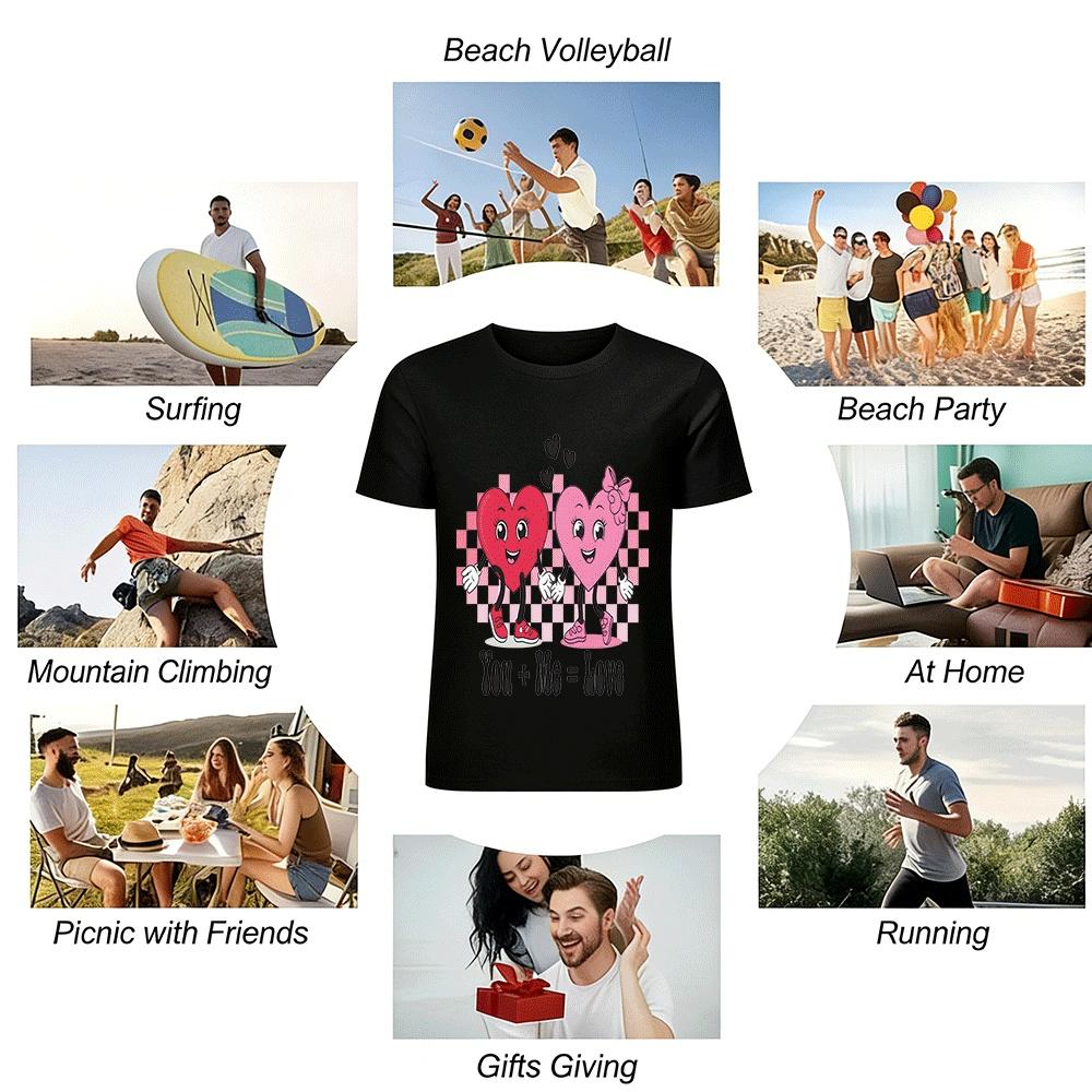 Valentine Vibes Retro Heart Checkerboard Print Casual Top Pure cotton T-shirt