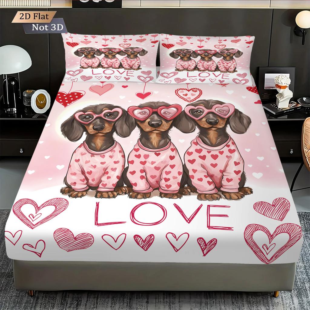 3pcs Valentine's Day Romantic Sausage Dog Love Print Coreless Fitted Sheet Set Multi Size Bedroom Bedcover Decoration