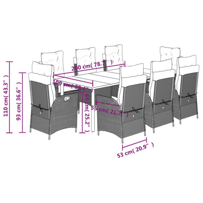 VidaXL Ensemble à Manger de Jardin avec Coussins 9 pcs, Table et Chaises avec Dossier Réglable, Meubles d'Extérieur, 3213213