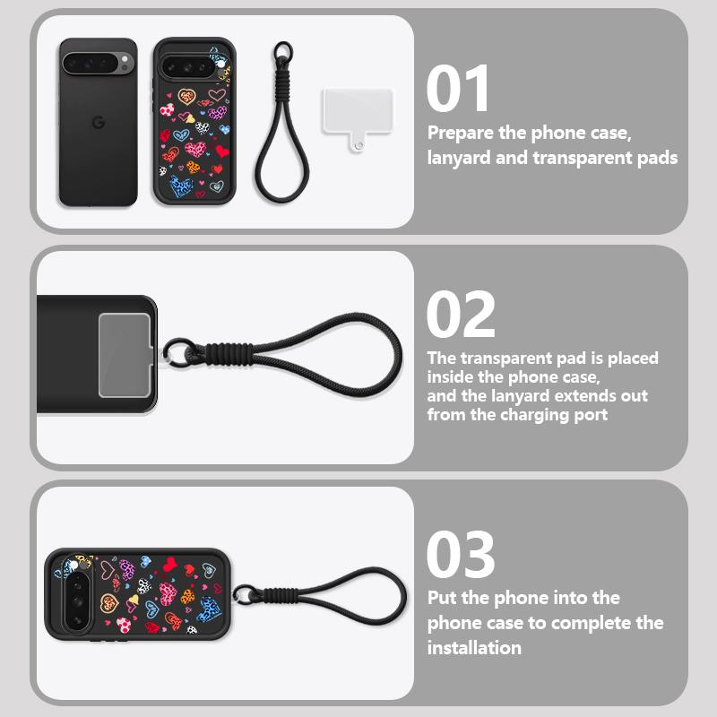 Colorful Love Heart Printed Case For Google Pixel 10 8 7 Pro 9A 8A Pixel 9 10 Pro XL Wrist Strap Lanyard Soft TPU Phone Cover