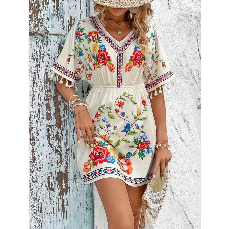 Bohemian Retro Ethnic Tassel Embroidered Waist-Cinching Short Holiday Dress with Short Sleeves