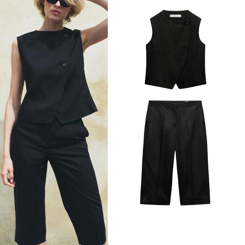 Spring New Product Set Women's Black Double Breasted Vest 8843298 Straight-leg Long Casual Shorts 8960298