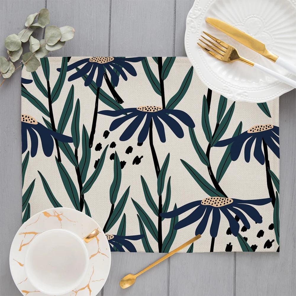 Morandi Floral Sunflower Printing Linen Placemat for Dining Table Drink Coaster Home Decoration Modern Kitchen Cup Pads